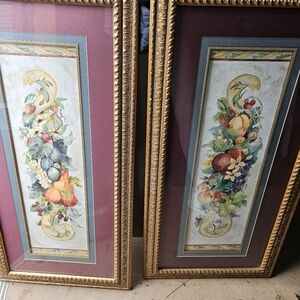 Pair of Framed Fruit Botanical Watercolor Prints in Gold Frames